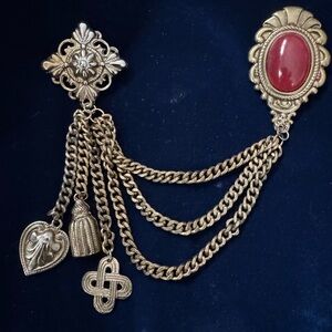 Vintage Gold and Red Vintage Brooch with Chains